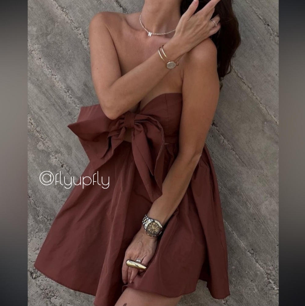 Zara * Bow Mini Dress Brown Size L - Picture 9 of 16